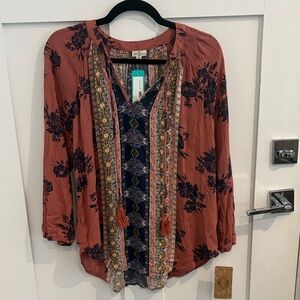 Chic Boho Floral Blouse in Rust and Navy